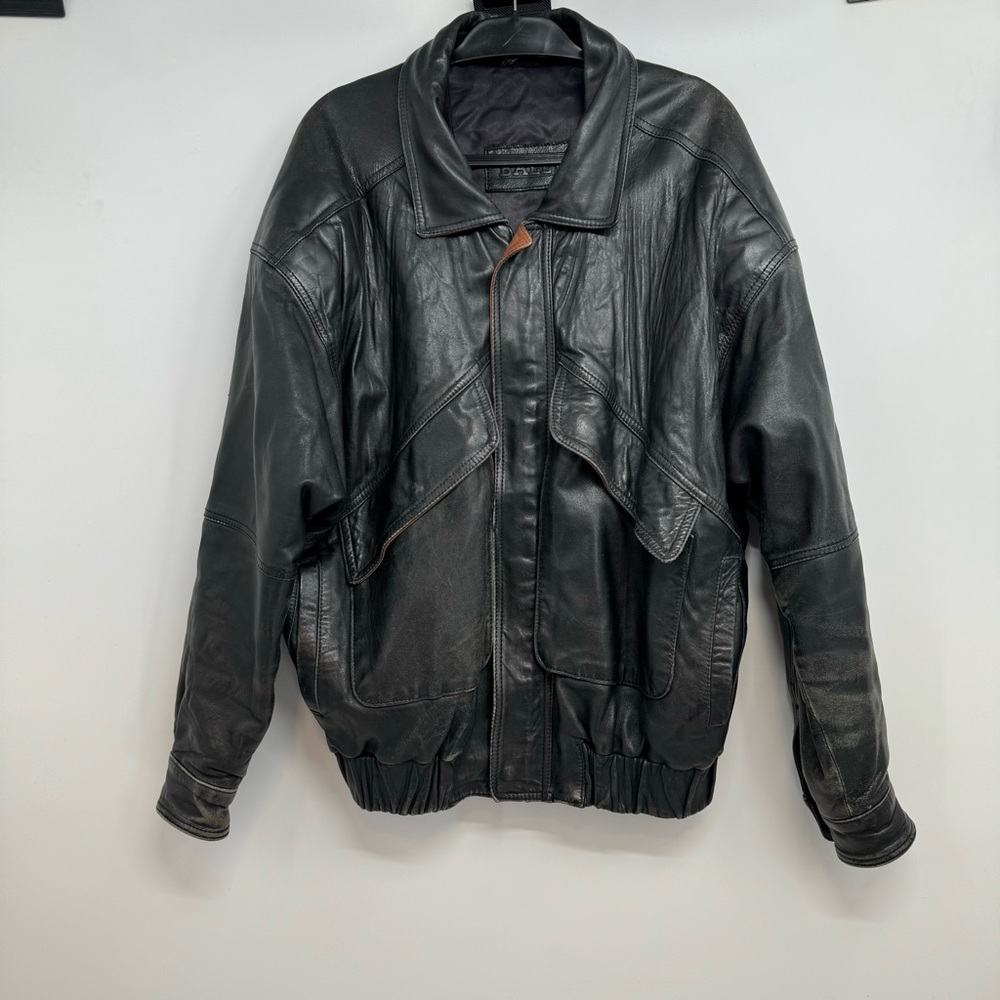 Bally Bomber Leather Jacket Mens 42 Black Leather Distressed Made In Italy